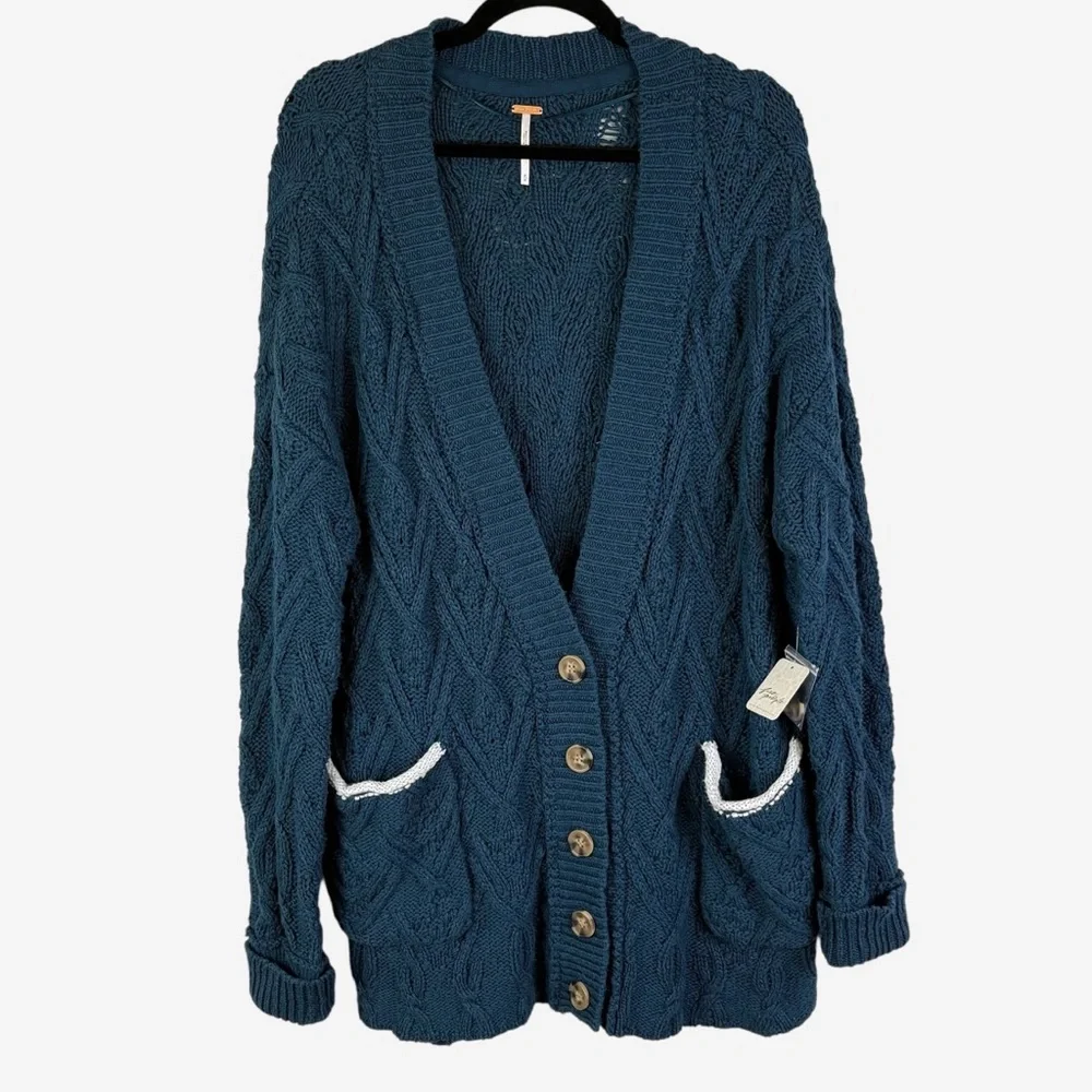 Free People Montana Cable Knit Cardigan Varsity Blue Oversized Size M NEW - Picture 5 of 16